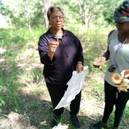 A middle-aged African woman in an open green space holding a large mushroom and a plastic bag