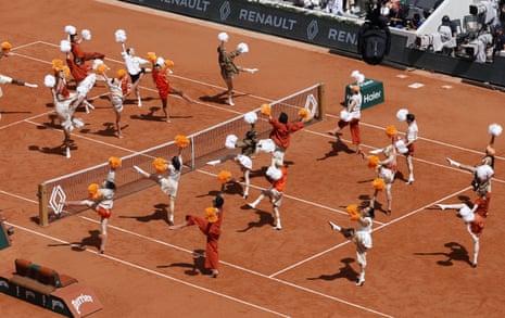 A scene of the opening ceremony created by dancer and choreographer Benjamin Millepied ahead of the Men's final match between Alexander Zverev of Germany and Flavio Cobolli.