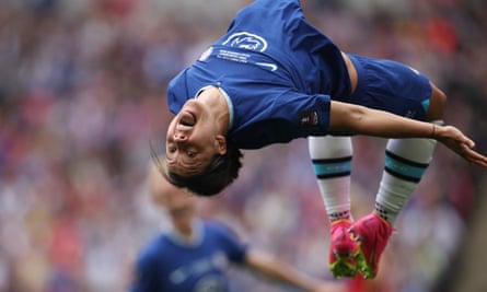 Chelsea’s Sam Kerr somersaults after scoring in the Women’s FA Cup final