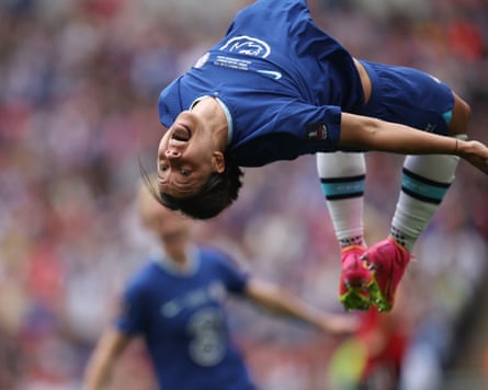 Sam Kerr, the Australian striker, does a backwards somersault to celebrate scoring for Chelsea against Manchester United in the 2023 Women’s FA Cup final at Wembley