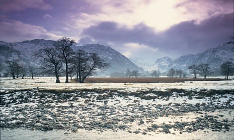 Snow on ground in Borrowdale, Lake District.