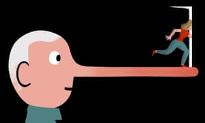 Illustration of woman running through a door at the end of man's long nose