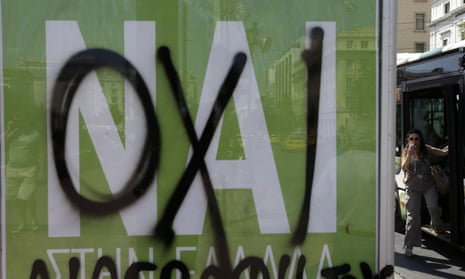 A nai (yes) poster in Greece is sprayed over with the word oxi (no).