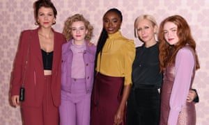 Nicola Glass with Maggie Gyllenhaal, Julia Garner, Kiki Layne and Sadie Sink at the Kate Spade show on Friday.