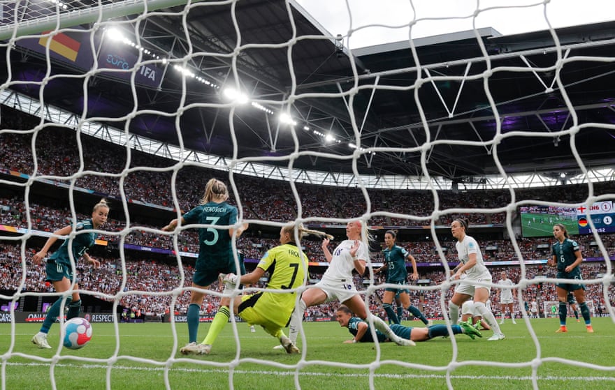 Chloe Kelly scores the winning goal for England in extra time during the Womens Euros 2022 final match between England and Germany at Wembley Stadium on July 31st 2022 in London.