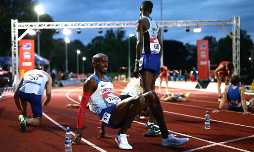 Mo Farah feels the pain after the race in Birmingham