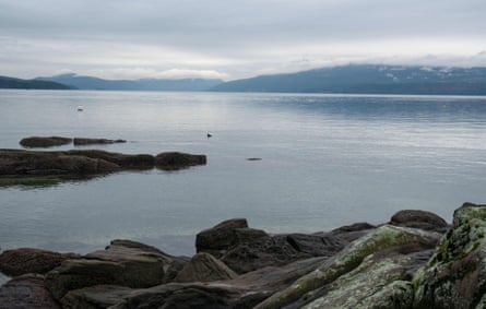 a rocky shoreline and water with mountains in the distance