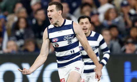 Jeremy Cameron celebrates a goal for Geelong against Carlton at the MCG