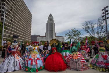 Los Angeles, California, USA group called La Muerte de Maria wear costumes in front of City Hall