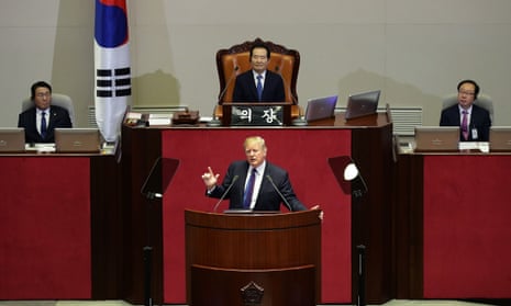 US president Donald Trump speaks at the National Assembly in Seoul, South Korea. 