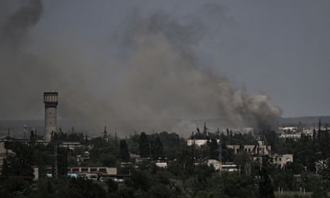 Smoke and dirt rise in the city of Sievierodonetsk during fighting between Ukrainian and Russian troops at the eastern Ukrainian region of Donbas on 2 June  2022.