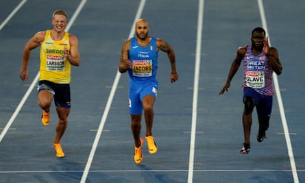 Romell Glave (right) finishes third behind Olympic 100m champion Marcell Jacobs