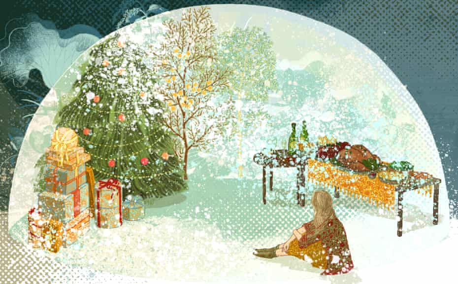 illustration of a child in a bubble filled with Christmas memories