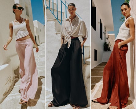 Three images of models outside in wide-leg trousers