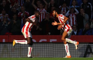 Kurt Zouma joins Maxim Choupo-Moting celebrating scoring the opener for Stoke City in the 2-2 draw with Manchester United at The Bet365 Stadium.