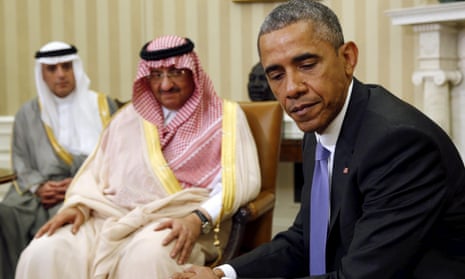 Barack Obama, Saudi Crown Prince Mohammed bin Nayef, center, and Foreign Minister Adel Al Jubeir
