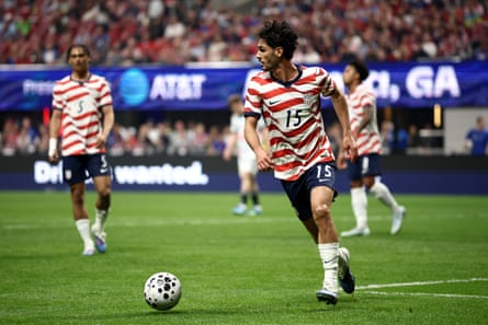 Johnny Cardoso #15 of the United States looks on during the International Friendly match between United States and Belgium at Mercedes-Benz Stadium on March 28, 2026 in Atlanta, Georgia.