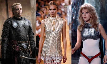 From left, Game of Thrones’ Brienne of Tarth played by Gwendoline Christie, Paco Rabanne on the catwalk, and Jane Fonda in 1968 film Barbarella