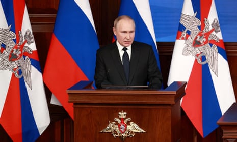 Vladimir Putin speaks in Moscow during the closing session of the expanded board of the ministry of defence.