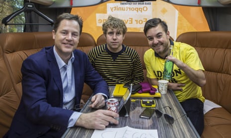Nick Clegg on the Lib Dem battlebus with comedians Josh Widdicombe and Alex Brooker.