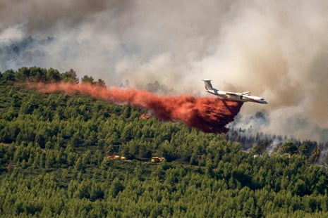 A low-flying plane dropping a trail of red-coloured powder on to a green forest