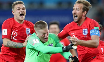 England’s Kieran Trippier, Jordan Pickford and Harry Kane celebrate beating Colombia in the 2018 World Cup last 16.