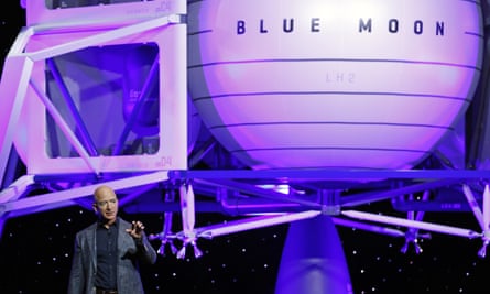 Jeff Bezos speaks in front of a model of Blue Origin’s Blue Moon lunar lander, Thursday, May 9, 2019, in Washington. (AP Photo/Patrick Semansky)
