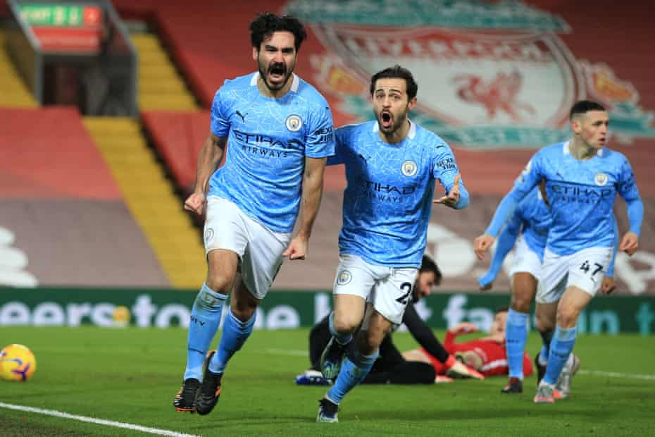 Gundogan celebrates scoring the opener during the recent win against Liverpool at Anfield.