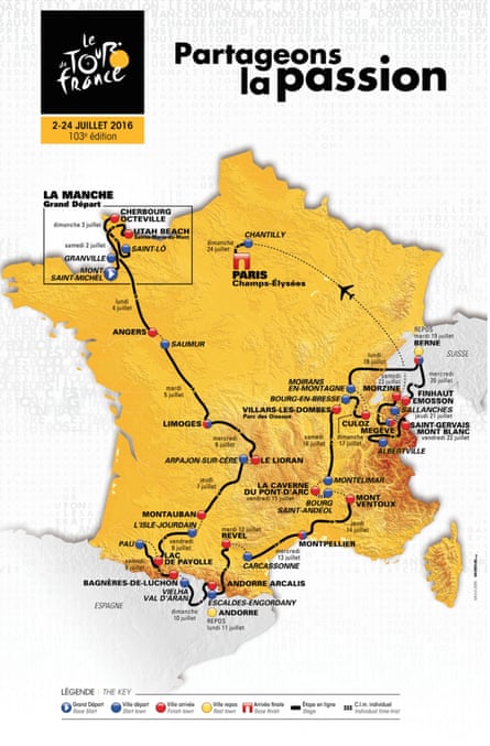 This photo provided by ASO (Amaury Sport Organisation) shows the official map of the 2016 Tour de France.