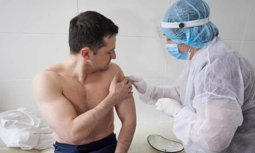 Volodymyr Zelenskiy receives his Covid vaccine in eastern Ukraine.