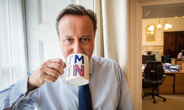 David Cameron poses with a remain-supporting mug at 10 Downing Street before the referendum.