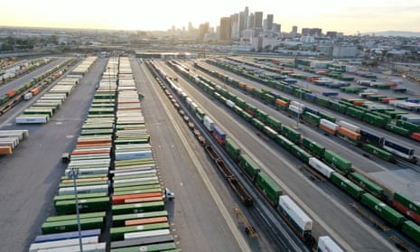 In an aerial view, shipping containers and rail cars sit in a Union Pacific Intermodal Terminal rail yard on November 21, 2022, in Los Angeles, California.