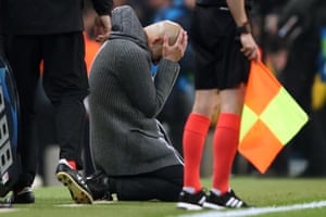 Pep Guardiola manager of Manchester City reacts as Raheem Sterlingâs goal is disallowed via VAR.