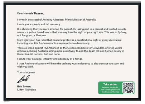 An ad placed in the Sydney Morning Herald by Bob Brown in support of Green’s candidate Hannah Thomas