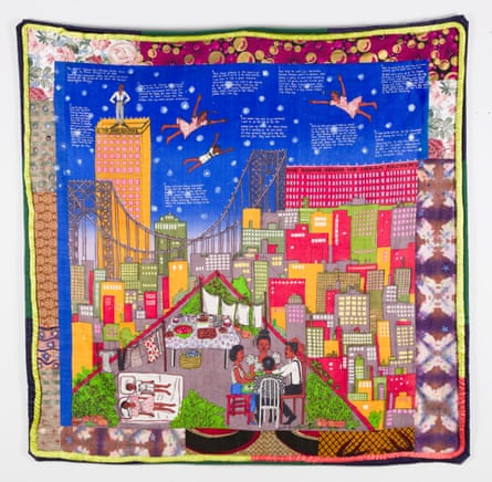 Faith Ringgold’s Tar Beach, 1988, depicts Ringgold as a young girl lying on a rug on the roof of the family’s tenement block as her family have dinner on a hot summer’s night. She adapted the quilt into a children’s book.