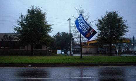 An election campaign sign sits in a tree as Hurricane Zeta sweeps through New Orleans, Louisiana.