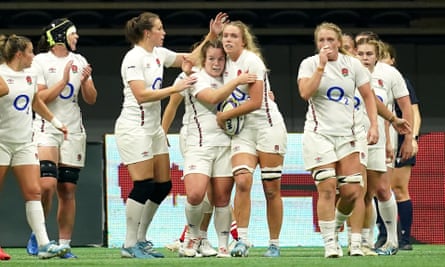 Zoe Aldcroft is congratulated by teammates after scoring a try in England’s 19-12 WXV1 win over Canada.