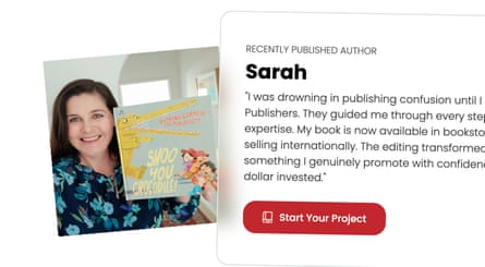 A picture of a woman holding up a book with a description to the right