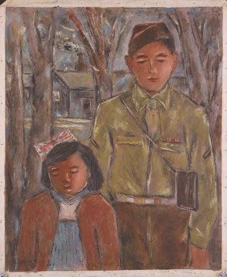Denson, Arkansa by Henry Sugimoto 1943. A young soldier, Sugimoto’s younger brother Ralph, stands on the right, next to a little girl, Sugimoto’s daughter Madeleine Sumile.