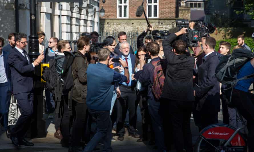 Jeremy Corbyn, then-Labour leader, mobbed by reporters on 24 June 2016, which coincided with Jessica Elgot’s first week in the lobby.