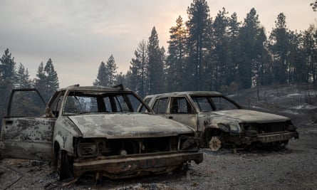 Burnt cars after a wildfire broke out in Foresthill of California.