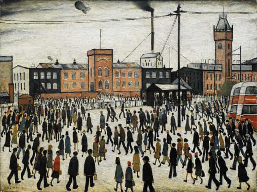 Going To Work by LS Lowry, depicting factory workers in the snow outside the main entrance to the Park Works of the Mather and Platt engineering firm in Newton Heath, Manchester, 1943.