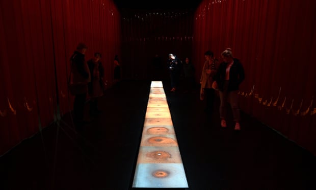 Blood is a major theme of the conceptual artist Teresa Margolles, as seen in this work exhibited in Sydney, Australia, in 2020.