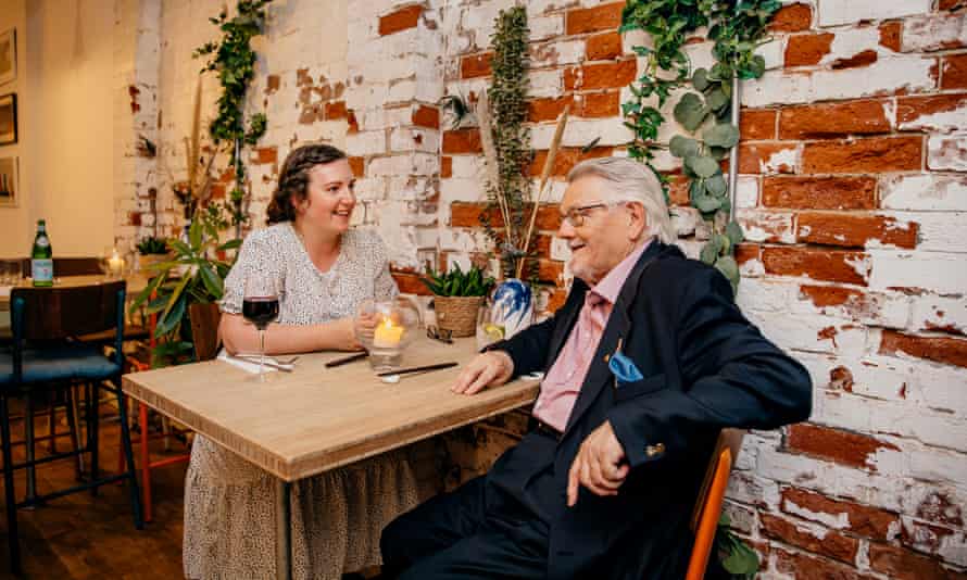 Alex Williams (31) and Robert Jones (69) sit down for dinner at the Smoking Lobster restaurant. Cowes, Isle of Wight, UK. 9th September 2021.