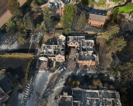 The burnt out remains of houses in the Quarry Park Road area of Stourbridge, West Midlands following a huge blaze.