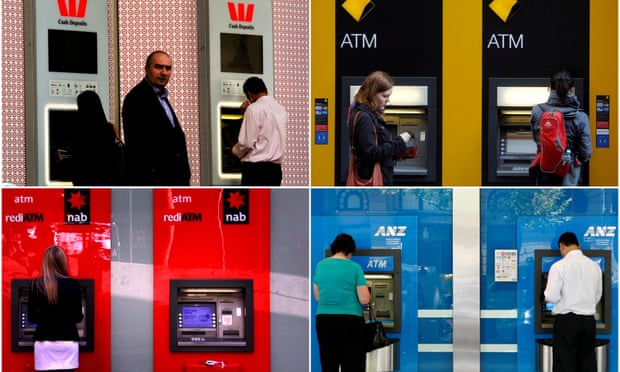 A combination of photographs shows people using ATMs at Australia’s ‘big four’ banks, Westpac, Commonwealth, ANZ and NAB