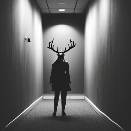 “woman with antlers in noir hallway”, generated by an AI.