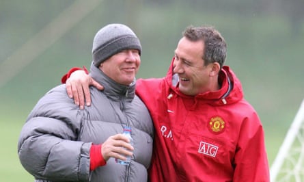 Sir Alex Ferguson talks with Rene Meulensteen of Manchester United during a First Team Training Session at Carrington Training Ground on 17 April 2009 in Manchester, England