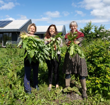 Three women hold produce in a field with building and blue sky behind