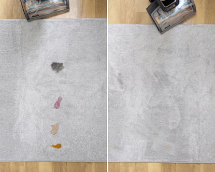Before and after cleaning stains on a short pile rug with the Shark CarpetXpert HairPro Pet.